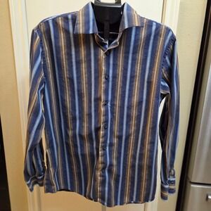 Gap Mens Fitted Premium Striped Button Down Shirt Blue Brown Tan Size L 16-16.5